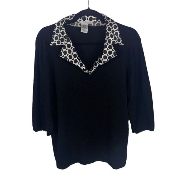 Fred David Sweater Womens Size 1X Black Career Top Geometric Silky Collar Rayon - Picture 1 of 8